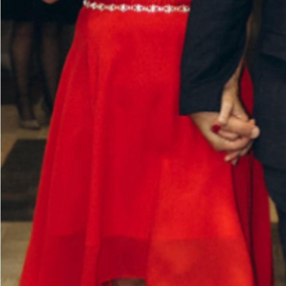 JJ’s House formal dress in red with lace and diamonds empire waist band.